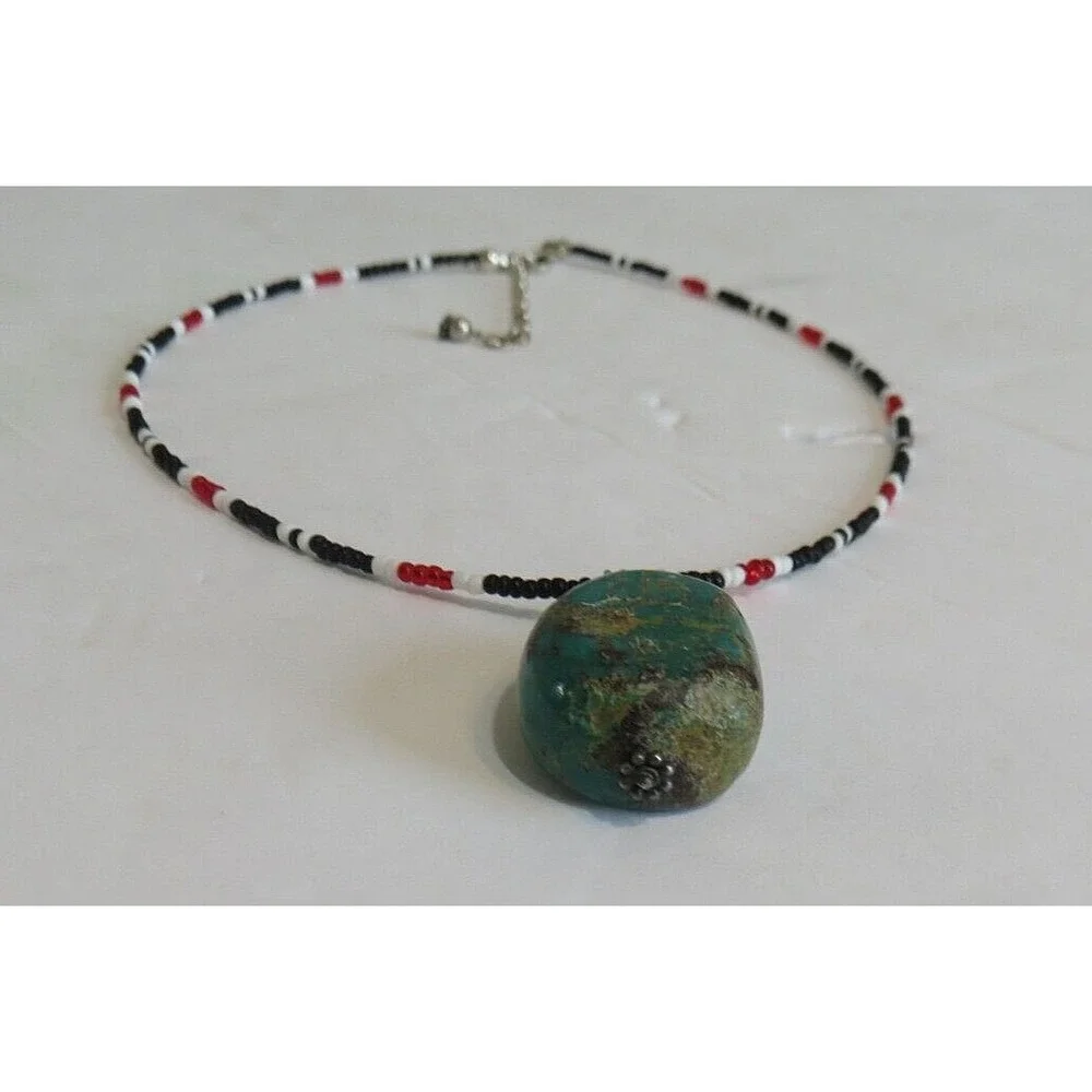 Vintage Southwestern Chunky Turquoise Pendant Coral Onyx Seed Bead‎ 18